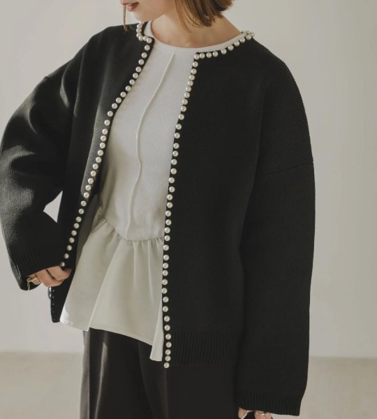 画像11: Pearl-trimmed cardigan jacket knit　パール縁取りカーディガンジャケット コート (11)