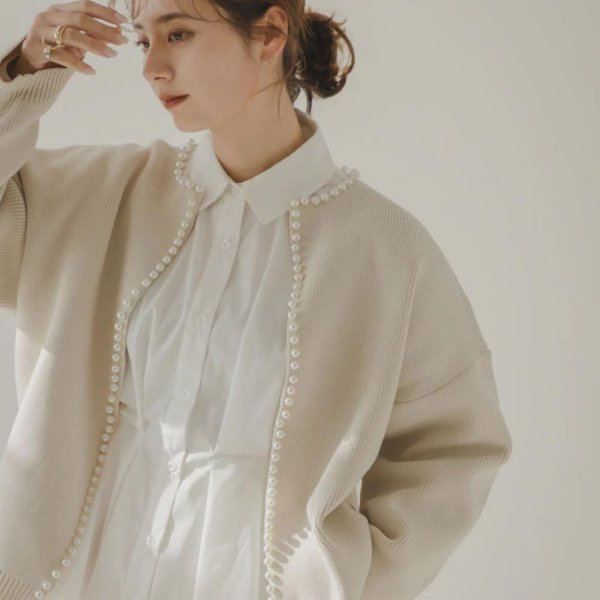 画像5: Pearl-trimmed cardigan jacket knit　パール縁取りカーディガンジャケット コート (5)