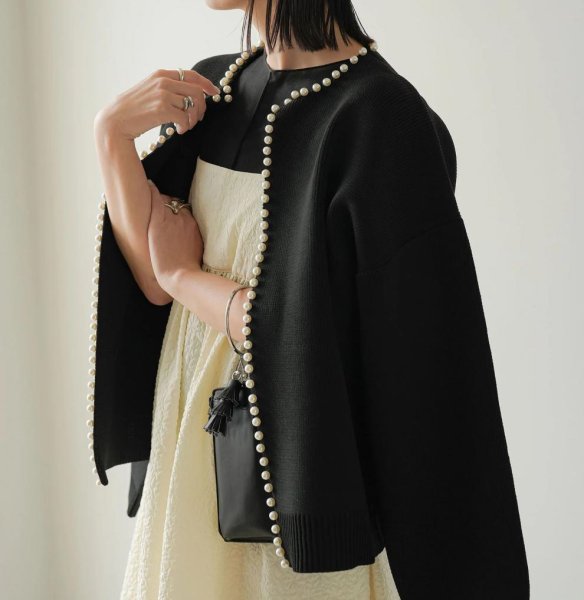画像13: Pearl-trimmed cardigan jacket knit　パール縁取りカーディガンジャケット コート (13)