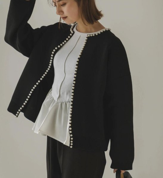 画像12: Pearl-trimmed cardigan jacket knit　パール縁取りカーディガンジャケット コート (12)