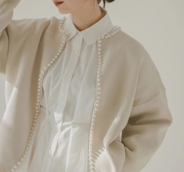 画像6: Pearl-trimmed cardigan jacket knit　パール縁取りカーディガンジャケット コート (6)
