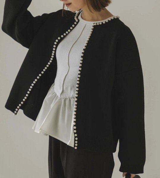 画像4: Pearl-trimmed cardigan jacket knit　パール縁取りカーディガンジャケット コート (4)