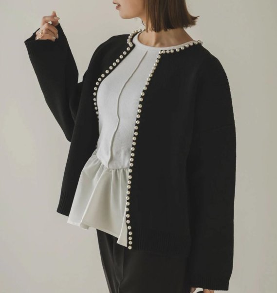 画像9: Pearl-trimmed cardigan jacket knit　パール縁取りカーディガンジャケット コート (9)