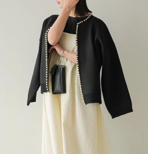 画像15: Pearl-trimmed cardigan jacket knit　パール縁取りカーディガンジャケット コート (15)