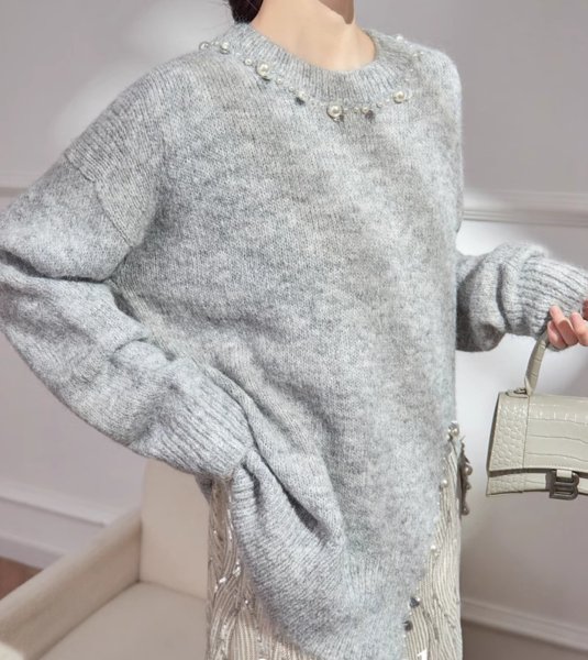 画像3: Pearl slit sweater knit　パール付きスプリットロング丈セーター ニット (3)
