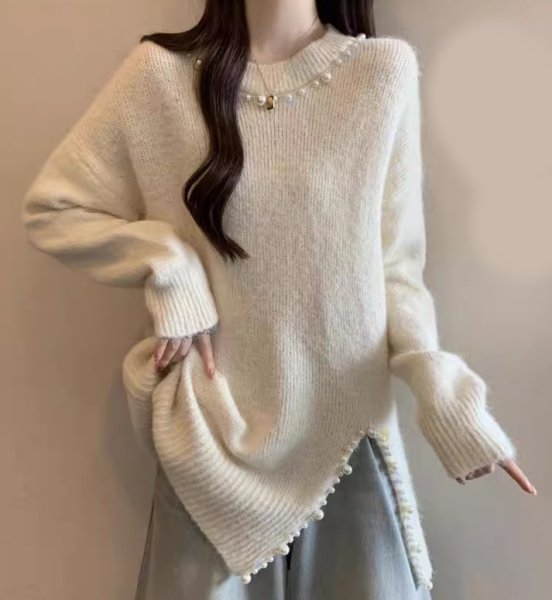 画像7: Pearl slit sweater knit　パール付きスプリットロング丈セーター ニット (7)