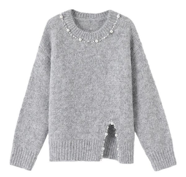 画像1: Pearl slit sweater knit　パール付きスプリットロング丈セーター ニット (1)