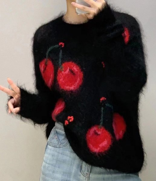 画像2: Cherry braided mohair sweater knit　チェリー編み込みモヘアセーター ニット (2)