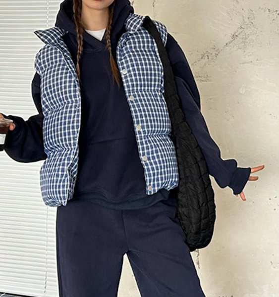 画像4: Women's Dark blue check down vest Jacket 　ダークブルーチェックダウンベストジャケット (4)