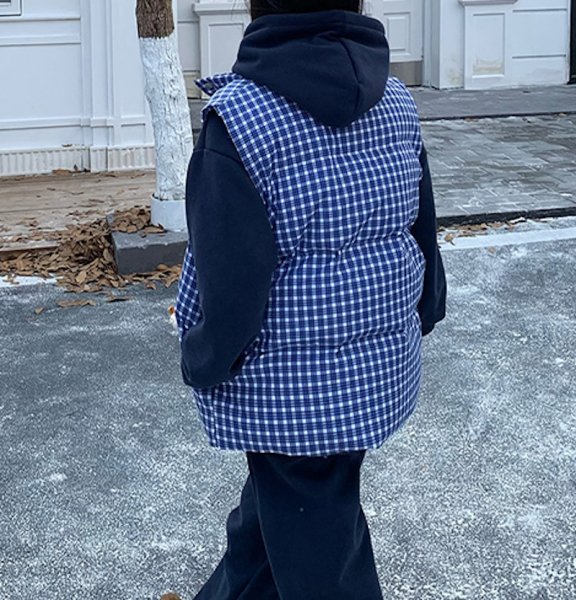 画像6: Women's Dark blue check down vest Jacket 　ダークブルーチェックダウンベストジャケット (6)