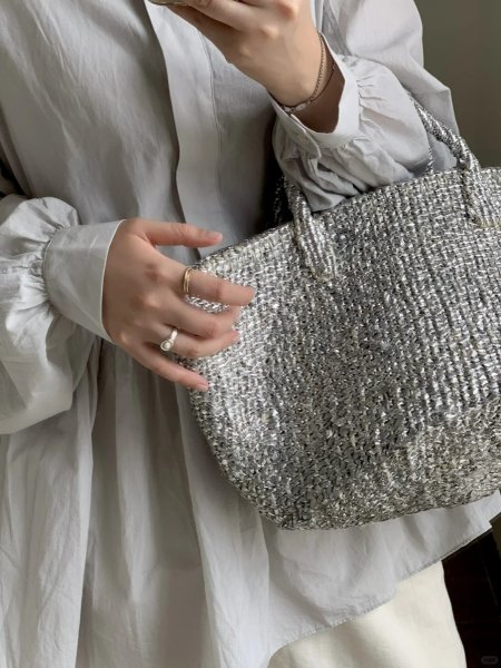 画像5: Silver dinner basket bag　ユニセックス男女兼用シルバーカラーディナーバケットトート籠かごバック (5)