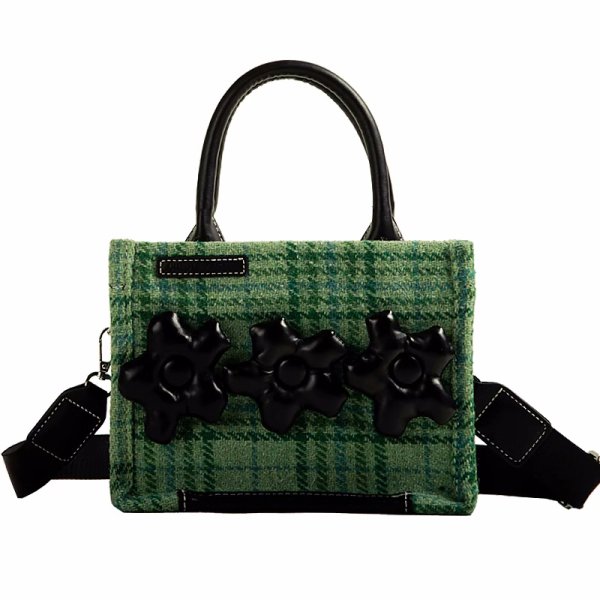 画像1: Check & Camellia Square Tote Shoulder Crossbody Bag ユニセックス男女兼用チェック＆カメリアスクエアトートショルダークロスボディーバック (1)
