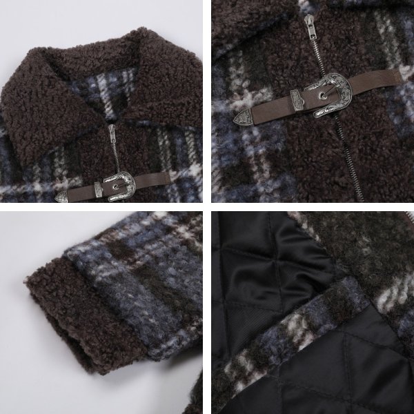 画像4: Women's Splicing Check Pattern Lamb Velvet Coat Jacket　スプライシングチェック柄羊毛ベルベットジャケットコート (4)