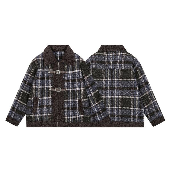 画像3: Women's Splicing Check Pattern Lamb Velvet Coat Jacket　スプライシングチェック柄羊毛ベルベットジャケットコート (3)