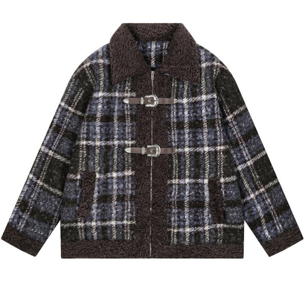 画像1: Women's Splicing Check Pattern Lamb Velvet Coat Jacket　スプライシングチェック柄羊毛ベルベットジャケットコート (1)