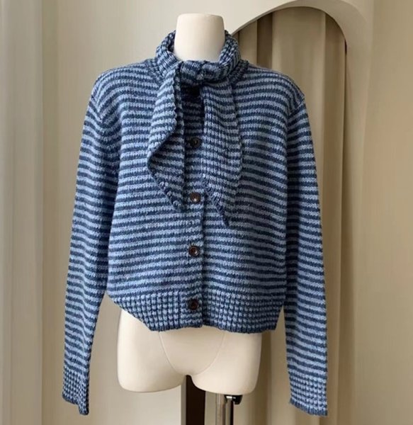 画像6: Border stripe cardigan with bowtie Sweater knit　リボンボウタイ付きボーダーカーディガン ニット ジャケット  (6)