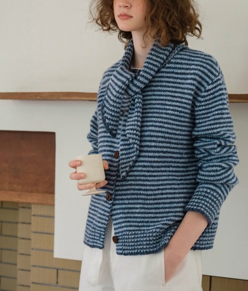 画像5: Border stripe cardigan with bowtie Sweater knit　リボンボウタイ付きボーダーカーディガン ニット ジャケット  (5)