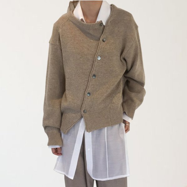 画像1: Diagonal button irregular design round neck sweater cardigan knit　斜めボタンイレギュラーデザインラウンドネックカーディガンセーターニット ジャケット  (1)