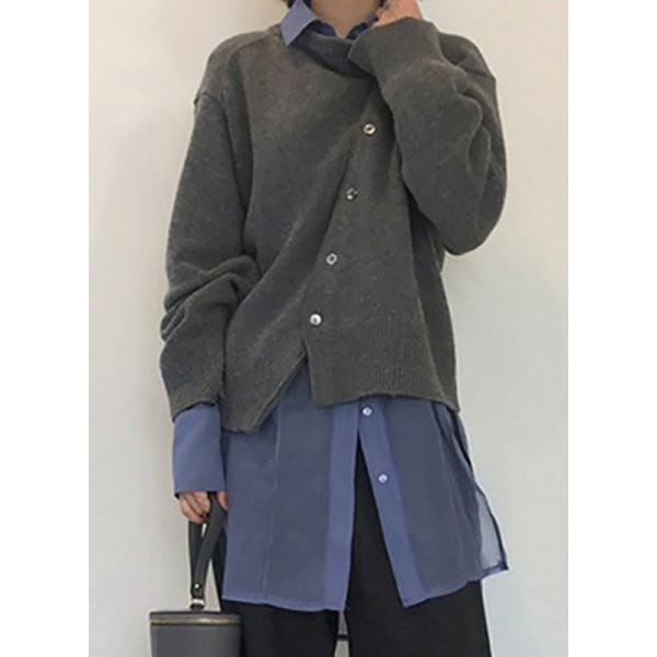 画像2: Diagonal button irregular design round neck sweater cardigan knit　斜めボタンイレギュラーデザインラウンドネックカーディガンセーターニット ジャケット  (2)