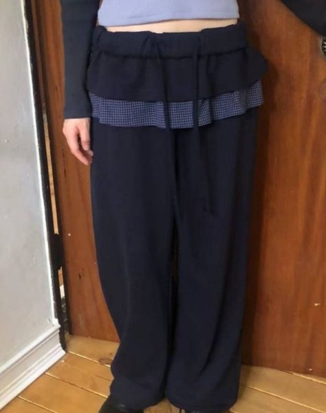 画像3: Checkered lotus leaf stitch frilled ska pants　チェックフリル付スウェットパンツスカッツワイドストレートパンツ (3)