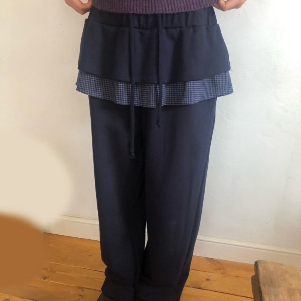 画像4: Checkered lotus leaf stitch frilled ska pants　チェックフリル付スウェットパンツスカッツワイドストレートパンツ (4)