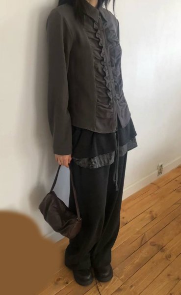 画像2: Checkered lotus leaf stitch frilled ska pants　チェックフリル付スウェットパンツスカッツワイドストレートパンツ (2)