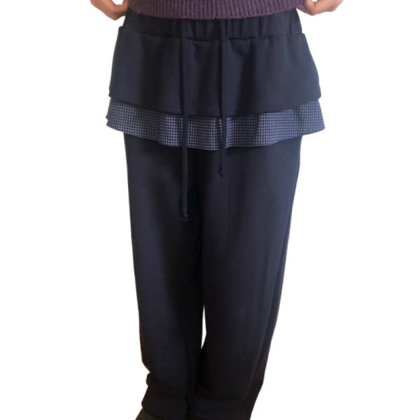 画像1: Checkered lotus leaf stitch frilled ska pants　チェックフリル付スウェットパンツスカッツワイドストレートパンツ (1)