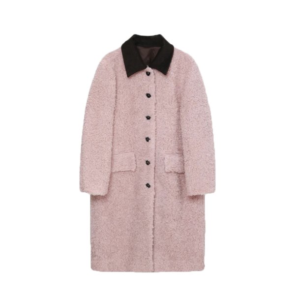 画像4: Women's Contrast collar lamb wool long coat jacket 　コントラストカラー襟ラムウールロングコートジャケット (4)