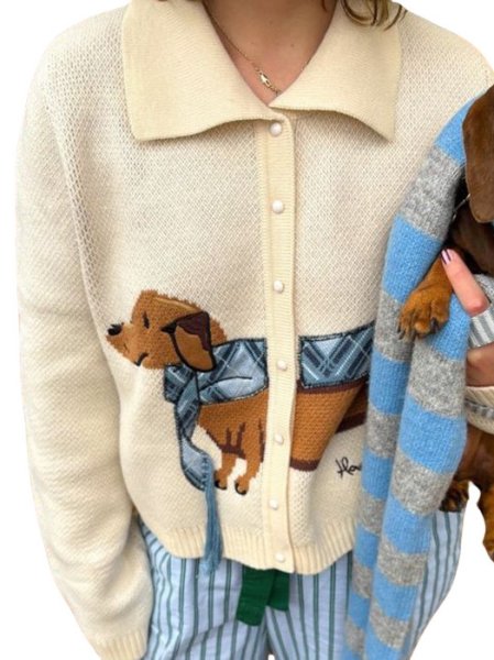 画像1: Lapel Puppy Pattern Pearl Button Polo Short Sweater knit　ラペル子犬パターンパールボタンポロショート丈カーディガンセーセーター ニット (1)