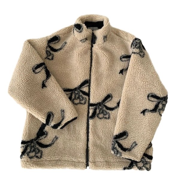 画像4: Women's Ribbon print lamb fleece zip-up jacket Coat　リボンダブルジップラムフリースジャケットコート (4)