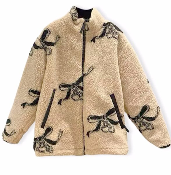 画像1: Women's Ribbon print lamb fleece zip-up jacket Coat　リボンダブルジップラムフリースジャケットコート (1)
