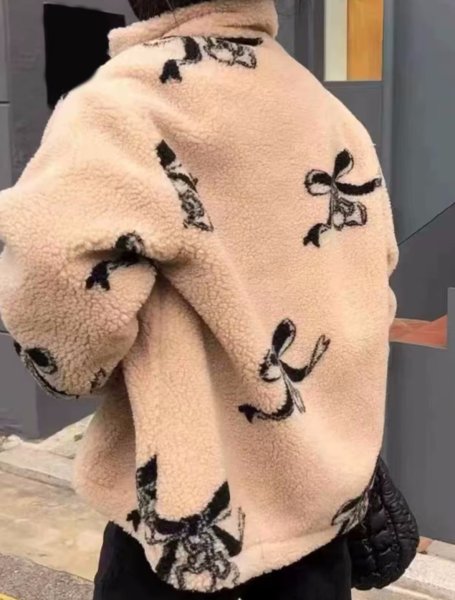 画像3: Women's Ribbon print lamb fleece zip-up jacket Coat　リボンダブルジップラムフリースジャケットコート (3)