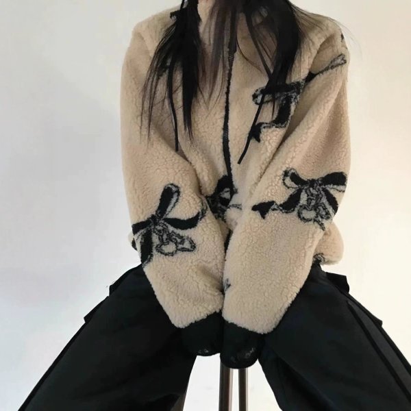 画像2: Women's Ribbon print lamb fleece zip-up jacket Coat　リボンダブルジップラムフリースジャケットコート (2)