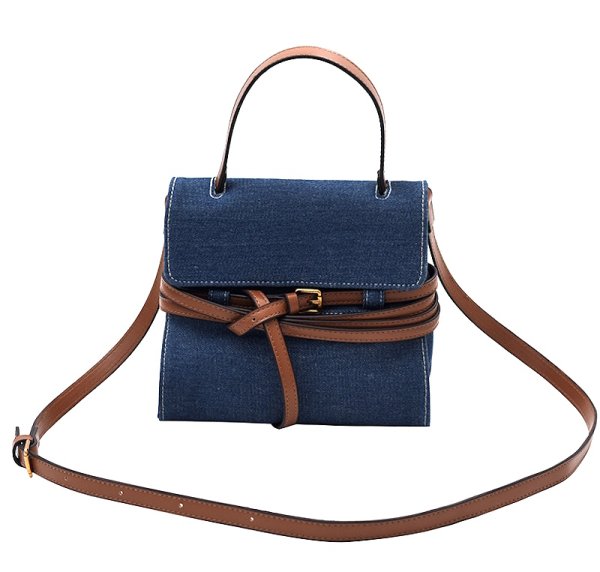 画像1: Belt-embellished denim tote shoulder underarm bag　レザーベルト装飾デニム トートショルダーアンダーアームバッグ (1)