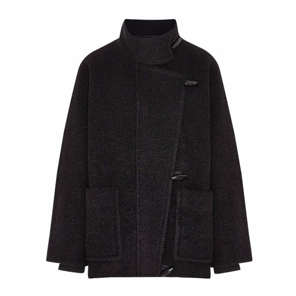 画像2: Women's Double pockets decorative stand collar horn buttondrop shoulder jacket Coat　ダブルポケット装飾スタンドカラーホーンボタンドロップショルダージャケット (2)