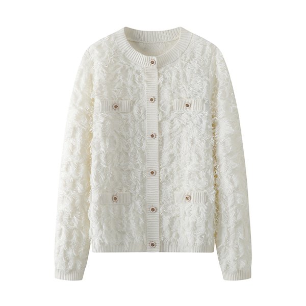 画像1: white tassel round neck knitted cardigan knit　タッセルラウンドネックカーディガンセーセーター ニット (1)