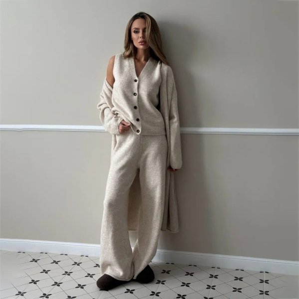 画像8: Women's Knit long cardigan& long pants & vest 3-piece set up  フレンチニットロングカーディガン＆ロングパンツ＆ベスト3点セットセットアップ (8)