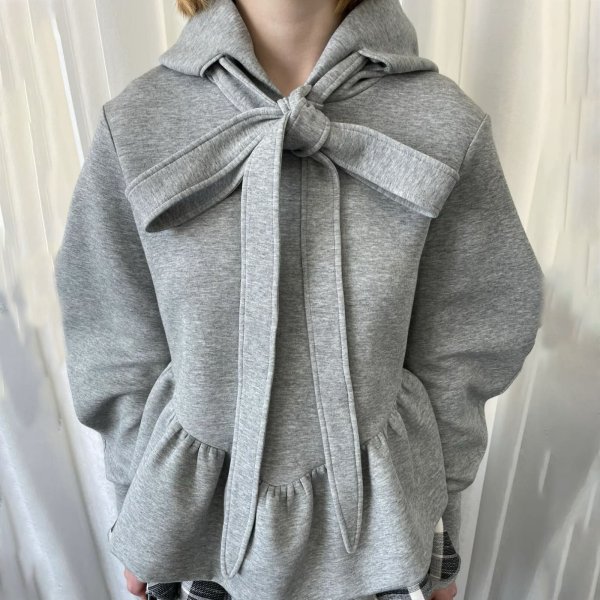 画像4: Ribbon tie ruffled hem hoodie　リボンネクタイ 裾フリル フーディ (4)