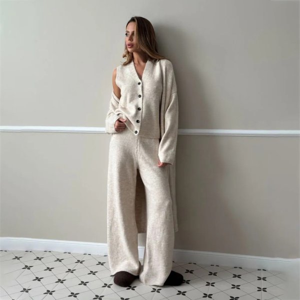 画像11: Women's Knit long cardigan& long pants & vest 3-piece set up  フレンチニットロングカーディガン＆ロングパンツ＆ベスト3点セットセットアップ (11)