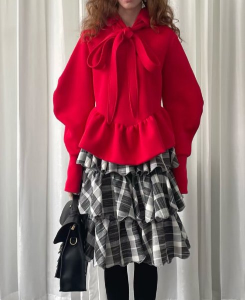 画像2: Ribbon tie ruffled hem hoodie　リボンネクタイ 裾フリル フーディ (2)