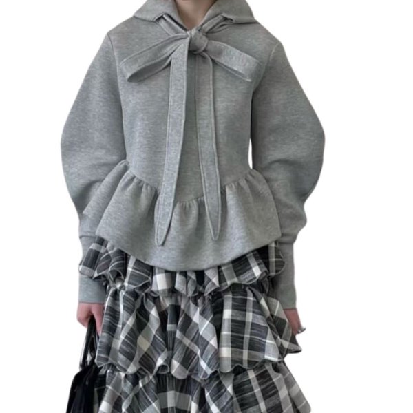 画像1: Ribbon tie ruffled hem hoodie　リボンネクタイ 裾フリル フーディ (1)