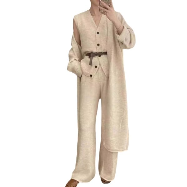 画像2: Women's Knit long cardigan& long pants & vest 3-piece set up  フレンチニットロングカーディガン＆ロングパンツ＆ベスト3点セットセットアップ (2)