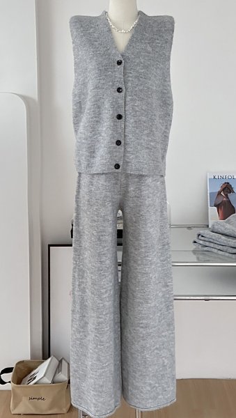 画像14: Women's Knit long cardigan& long pants & vest 3-piece set up  フレンチニットロングカーディガン＆ロングパンツ＆ベスト3点セットセットアップ (14)