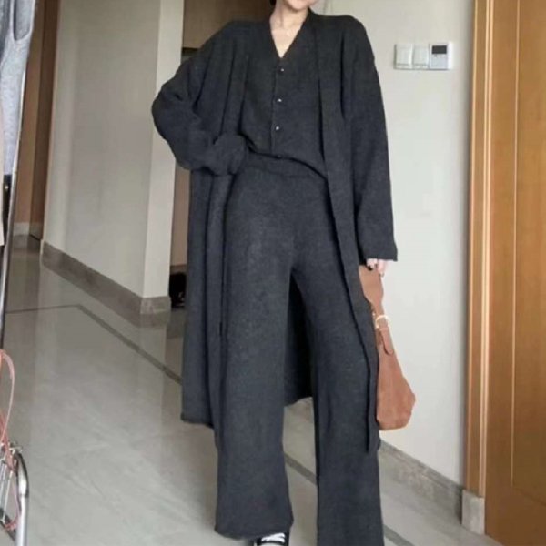 画像12: Women's Knit long cardigan& long pants & vest 3-piece set up  フレンチニットロングカーディガン＆ロングパンツ＆ベスト3点セットセットアップ (12)