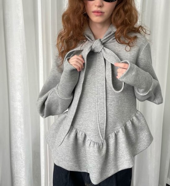 画像8: Ribbon tie ruffled hem hoodie　リボンネクタイ 裾フリル フーディ (8)