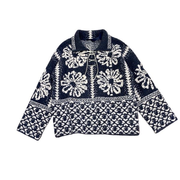 画像6: Polo collar jacquard pullover sweater　ユニセックス男女兼用 ポロカラージャガードプルオーバーセーターレースアップニットセーター (6)