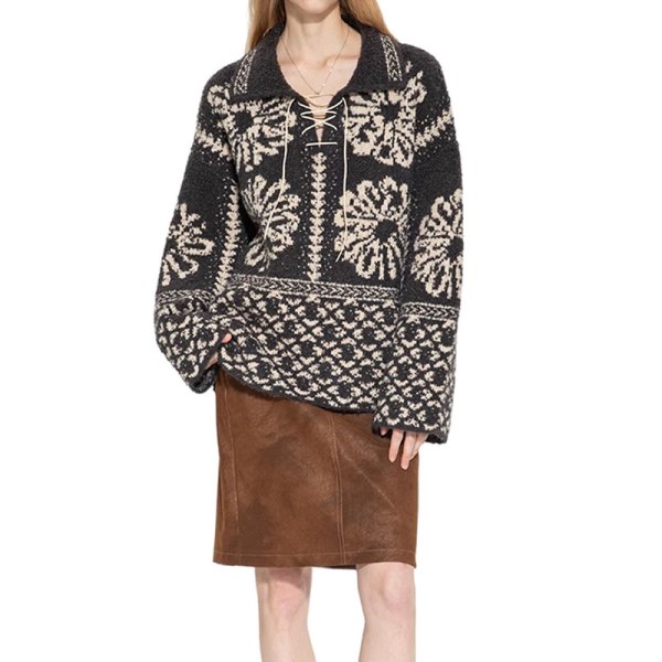 画像2: Polo collar jacquard pullover sweater　ユニセックス男女兼用 ポロカラージャガードプルオーバーセーターレースアップニットセーター (2)