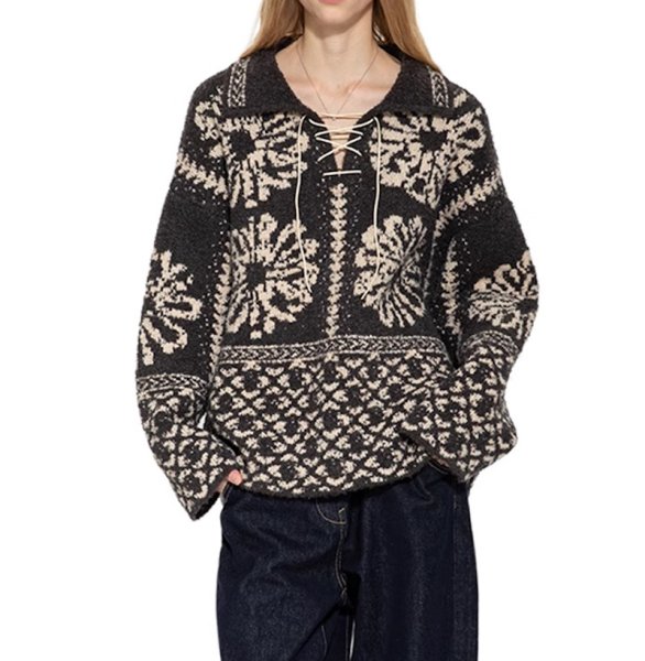 画像1: Polo collar jacquard pullover sweater　ユニセックス男女兼用 ポロカラージャガードプルオーバーセーターレースアップニットセーター (1)