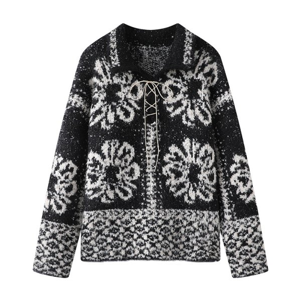 画像4: Polo collar jacquard pullover sweater　ユニセックス男女兼用 ポロカラージャガードプルオーバーセーターレースアップニットセーター (4)