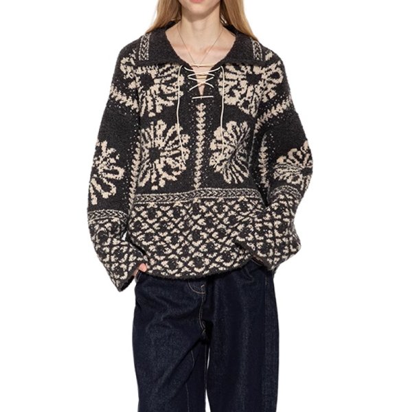 画像3: Polo collar jacquard pullover sweater　ユニセックス男女兼用 ポロカラージャガードプルオーバーセーターレースアップニットセーター (3)